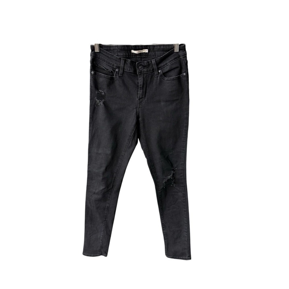 Levis 711 Skinny Jeans Pants Black Wash Denim Distressed Ripped Stretch Size 28